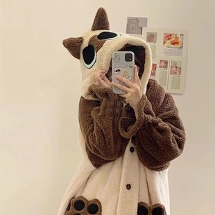 可爱暹罗小猫小豆泥睡衣冬季女加绒加厚可外穿家居服连帽长款睡袍
