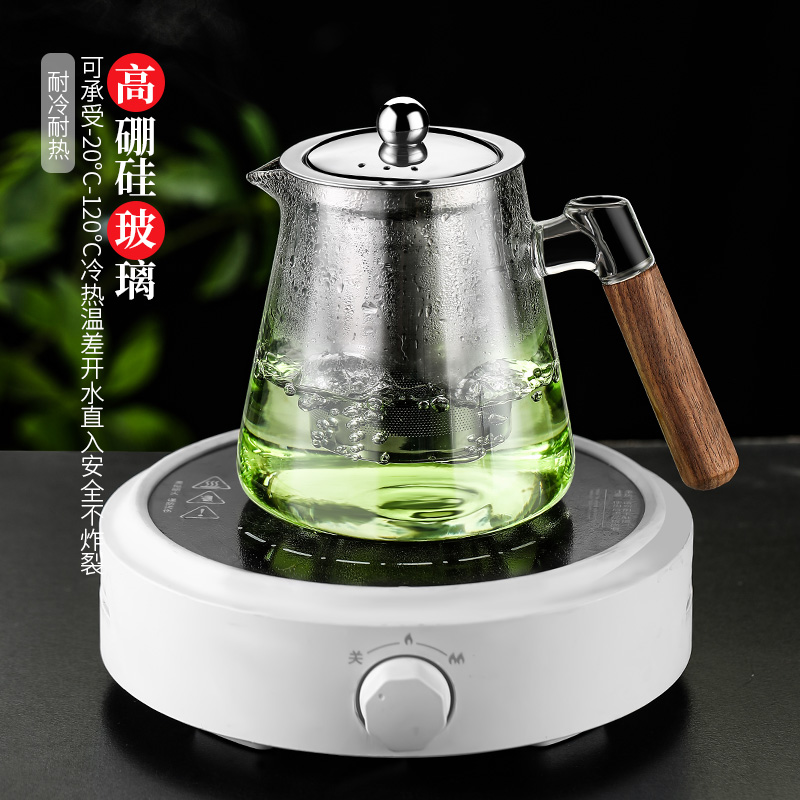 木把玻璃泡茶壶茶k水分离过滤茶具套组耐高温加厚单壶家用煮茶壶