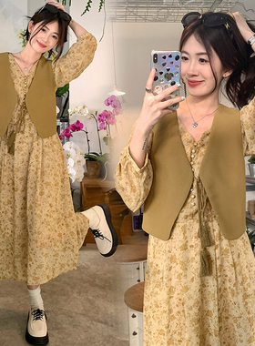 韩系碎花哺乳洋装秋装显瘦森系马甲两件套哺乳衣服外出辣妈款潮