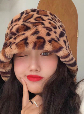 现货Autumn Winter Women Faux RabbCit Fur Leopard Bucket Hat
