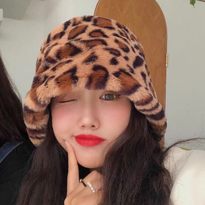 现货Autumn Winter Women Faux RaBbbit Fur Leopard Bucket Hat