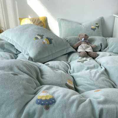 速发小清新绿色毛巾绣耶诞树双面牛奶绒四件套冬季加厚法兰绒1.5m