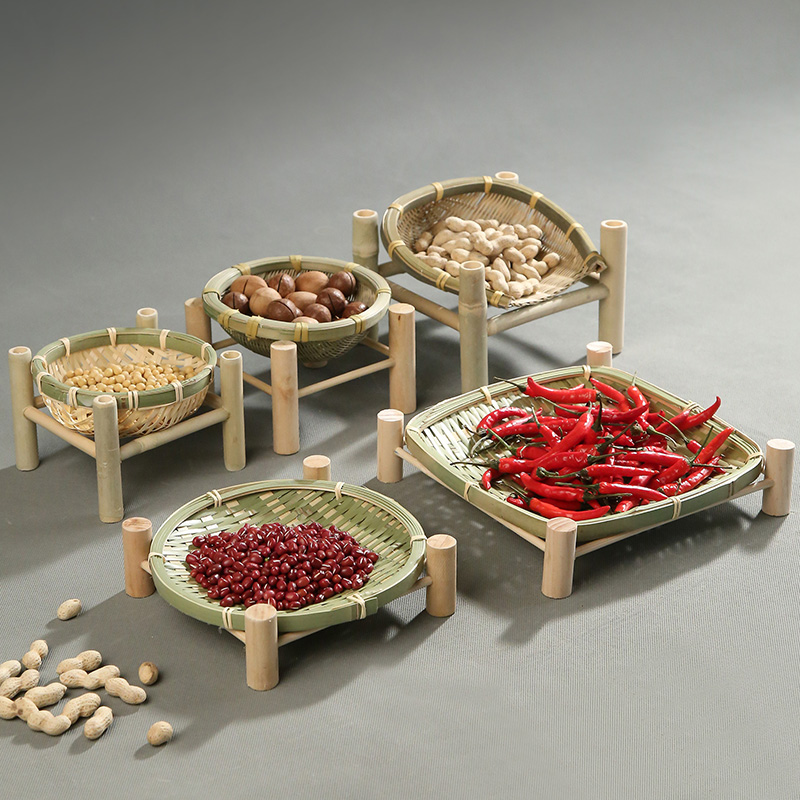 厂家手工竹编干果盘水果篮竹篓茶点盘创意家用竹筐收纳筐篮子圆形