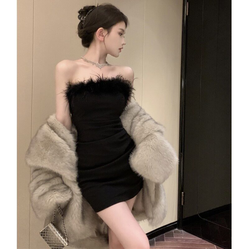 现货性感一字肩黑色连衣裙女x早春赫本风生日小礼服修身包臀小妈