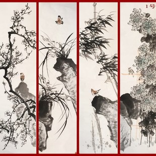 全手工花鸟国画四条屏葡萄鱼梅兰竹菊套画客厅字画装饰挂画芯E56