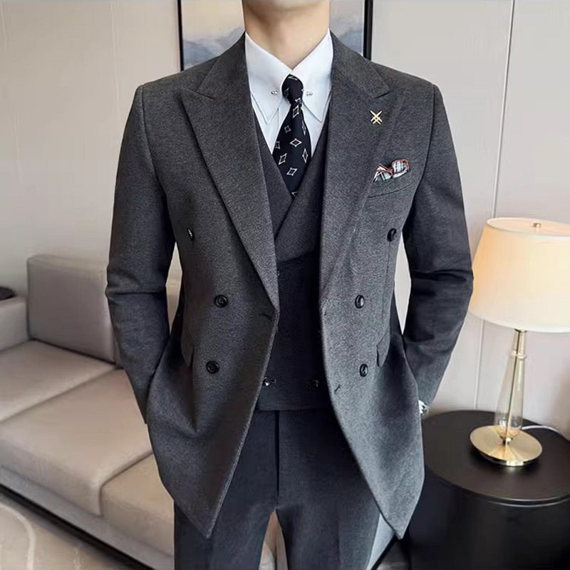 秋冬加厚英伦商务双排扣西服套装男韩版修身戗驳领毛呢西装三件套
