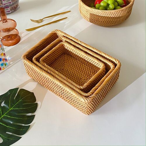 越南秋藤编筐收纳篮水果面包蓝编织零食长方形家用日式桌面篮子