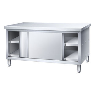 不锈钢商用灶台带拉门工作台厨房操作台多层储物橱柜切菜桌打荷台
