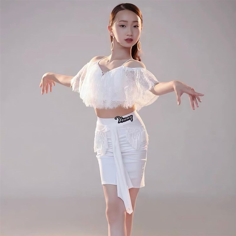女童春夏季拉丁舞练功套装吊带流苏上衣时尚专业比赛表演分体服