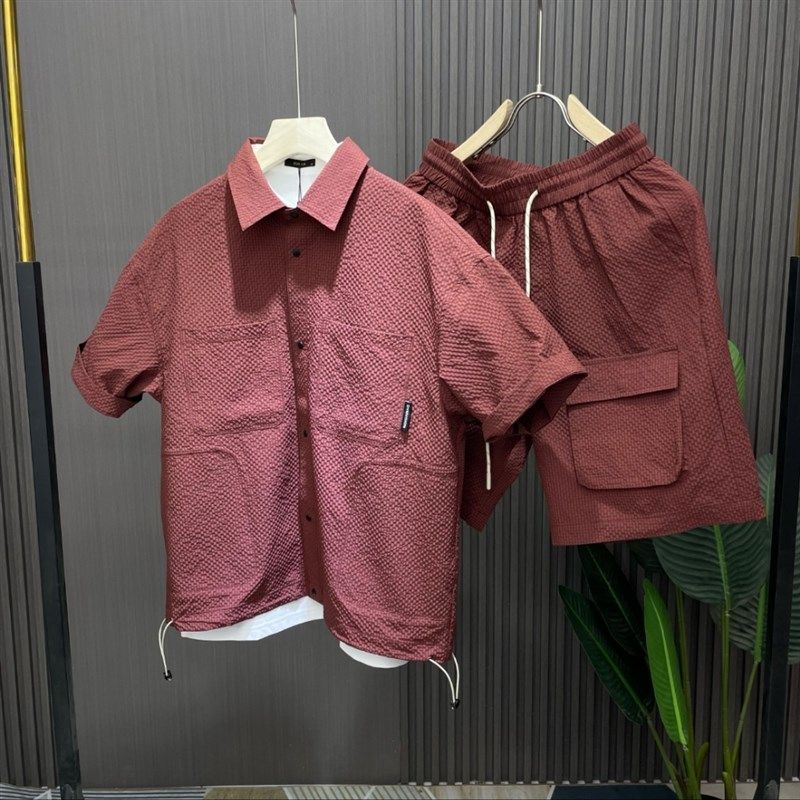 夏季新款时尚休闲套装男日系褶皱衬衫短袖短裤五分裤潮流两件套,男装,时尚套装,淘宝优惠券,粉丝福利购,淘宝优惠卷