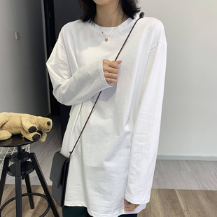 白色长袖打底衫女2021纯韩版百搭宽松BF纯棉中长款T恤学生上衣潮