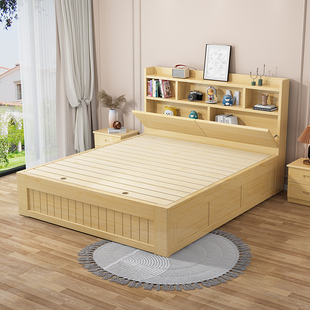 松木实木床高箱床1米5儿童床带储物床气压单人床1米2箱体床收纳床