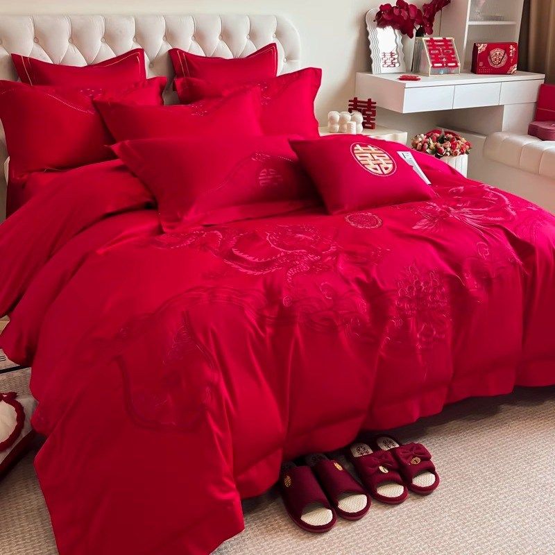 新中式龙凤刺绣100支婚庆四件套大红色被套新婚喜被结婚床上用品4,床上用品,婚庆床品套件,淘宝优惠券,粉丝福利购,淘宝优惠卷