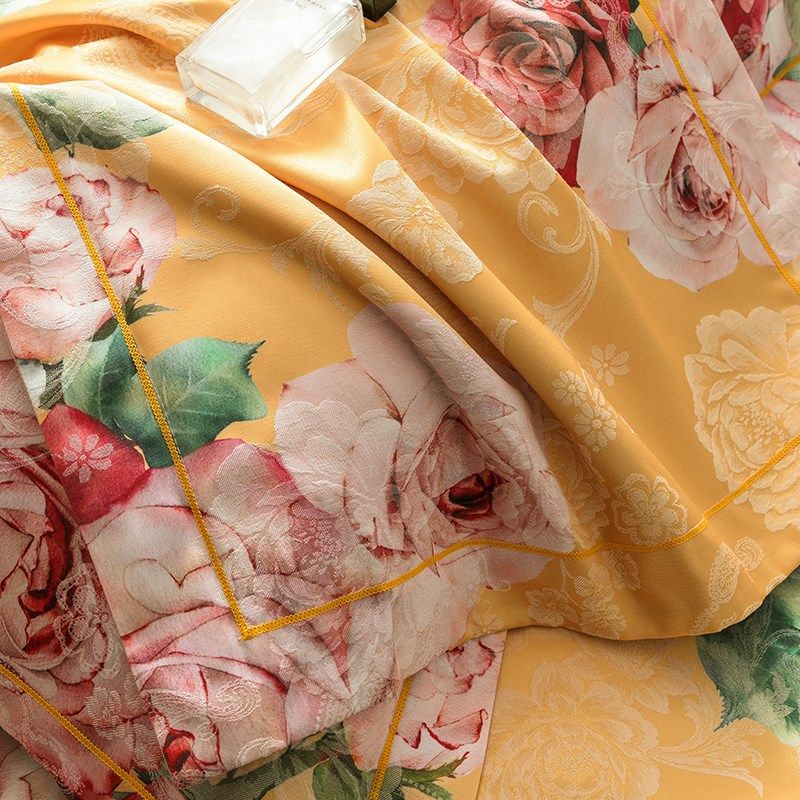 欧美式大花卉全棉磨毛贡缎提花纯棉加厚床单被套结婚庆送礼四件套