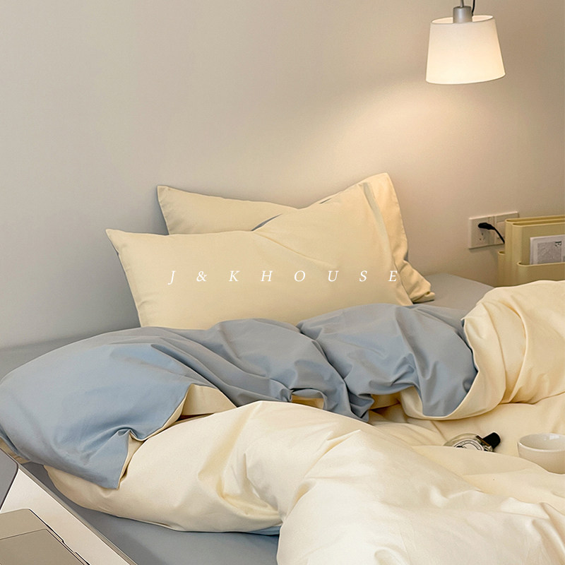 简约双拼纯色磨毛三四件套全棉学生宿舍床上床单被套冬季加厚,床上用品,床品套件/四件套/多件套,淘宝优惠券,粉丝福利购,淘宝优惠卷