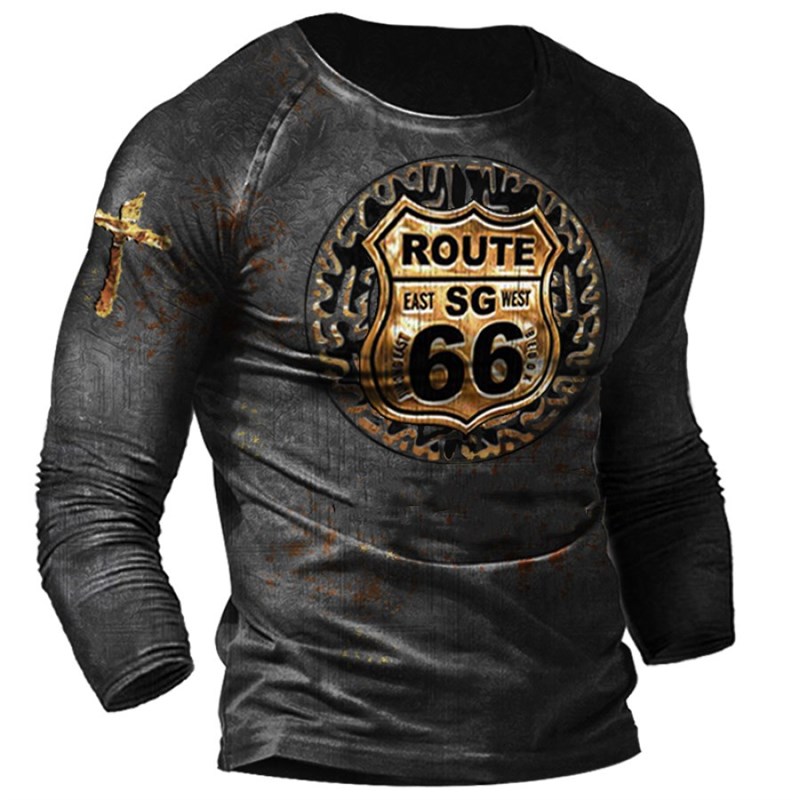 Vintage Men's T Shirt Long Sleeve Cotton Top Tees USA Route