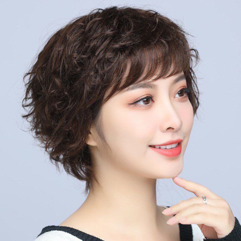 假发短发女假发真发全真人发短卷发光头自然女士中老年妈妈头套