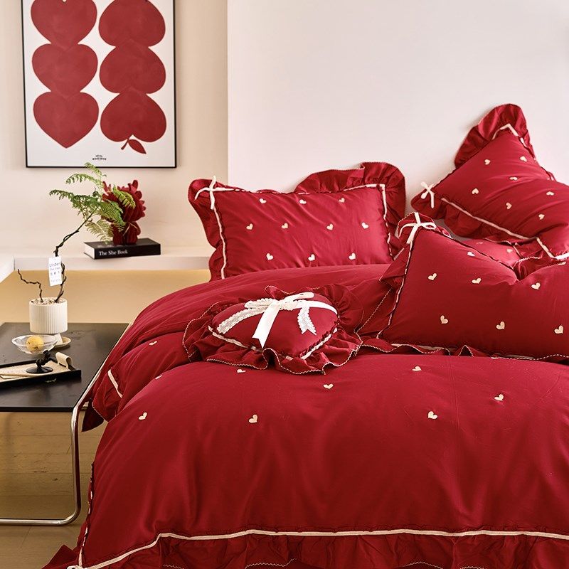 南通床品结婚庆红色床上四件套全棉被套罩公主风婚嫁陪嫁,床上用品,婚庆床品套件,淘宝优惠券,粉丝福利购,淘宝优惠卷