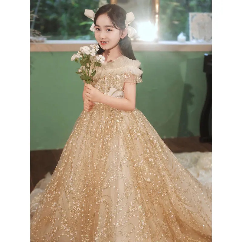金色女童礼服公主裙n蓬蓬纱超仙洋气拖尾儿童走秀主持人钢琴演出