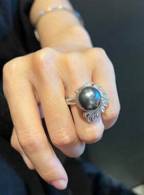 天然贝珠戒指仿大溪地D黑珍珠戒指奢华戒指