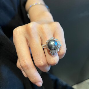 天然贝珠戒指仿大溪地D黑珍珠戒指奢华戒指