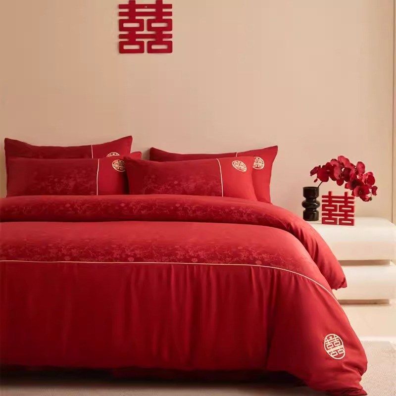 中式提花结婚四件套大红色新婚被套婚庆床上用品婚房陪嫁,床上用品,婚庆床品套件,淘宝优惠券,粉丝福利购,淘宝优惠卷