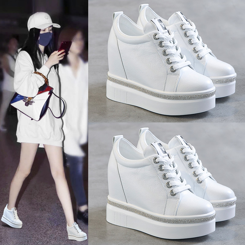 ins网红内增高小白鞋女2024潮流E百搭水钻厚底松糕鞋韩版休闲单鞋