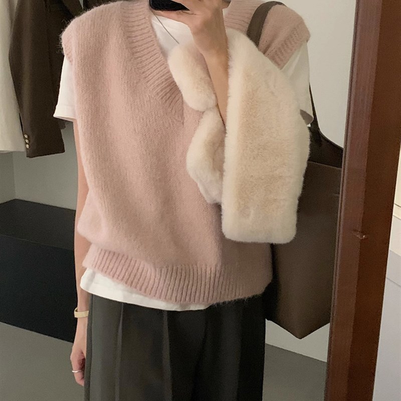 灰色V领针织马甲女春秋新款宽松慵懒学院风叠穿毛衣背心坎肩上衣