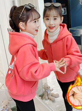 女童加绒卫衣外套10洋q气8小女孩韩版开衫加厚夹克上衣9岁冬季连