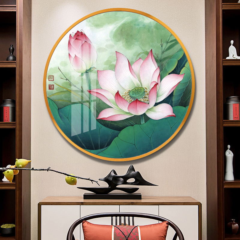 茶室客厅壁画莲花餐厅墙面挂画新装饰画荷花禅意圆形玄关背景中式图片