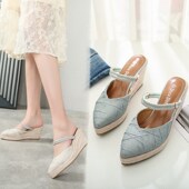 两穿半拖中跟尖头坡跟凉拖鞋 包头凉鞋 新款 草编厚底凉鞋 女中式 夏季