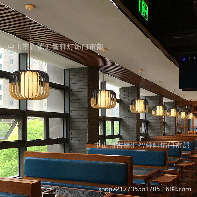 现代中式餐厅客厅茶室笼子木吊灯火锅店民宿木艺吊灯单头日式灯具