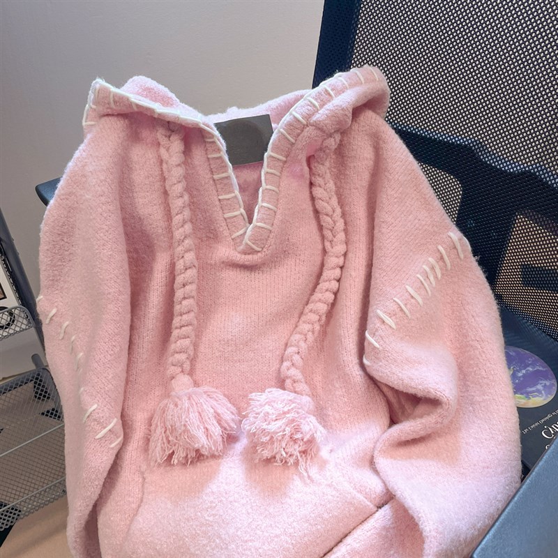 韩系别致绝美V领连帽毛衣外套男女秋冬加厚高级R感慵懒风针织上衣