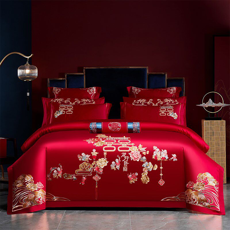 结婚刺绣全棉婚庆床上四件套大红色龙凤喜庆被4件套床品,床上用品,婚庆床品套件,淘宝优惠券,粉丝福利购,淘宝优惠卷