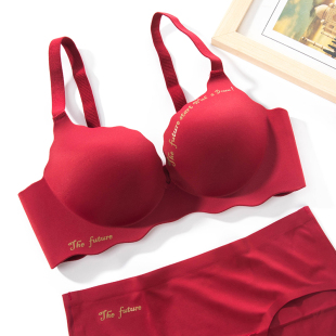 红色内衣内裤一套装女性惑感纯欲小胸聚拢厚结婚新娘文胸罩本命年
