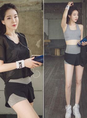 网红夏季c健身房瑜伽服三件套装女韩版运动跑步透气网衫短袖短裤