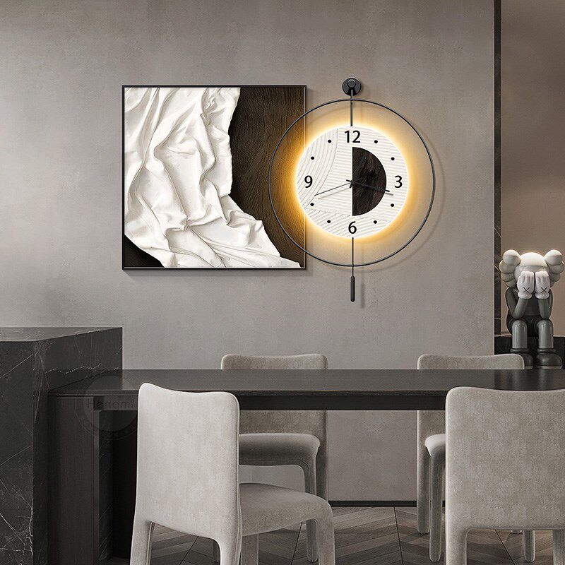 黑白抽象餐厅装饰画带钟表壁灯画侘寂风极简饭厅背景墙挂画肌理画