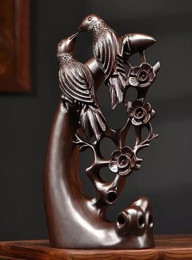 黑檀木雕喜上眉梢喜鹊摆件家居客厅电视柜根雕红木工艺品乔迁送礼