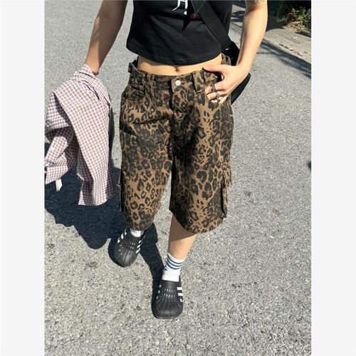 川川也美式复古豹纹直筒夏季五分工装裤男女街头宽松水洗潮牌短裤