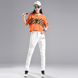 宽松加绒米白色显瘦小脚长裤 韩版 子 女2021秋冬新款 白色哈伦牛仔裤