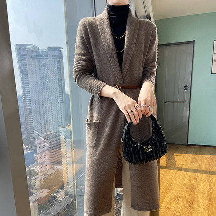 秋冬新款100纯羊绒开衫女V领中长版宽松大衣外套毛衣羊毛针织上衣
