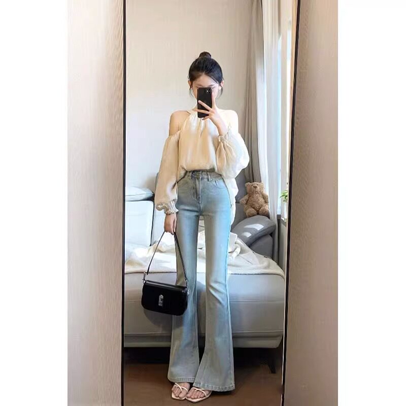 热销浅色微喇牛仔裤女2023年秋季新款小个子马蹄裤显瘦显高弹力拖