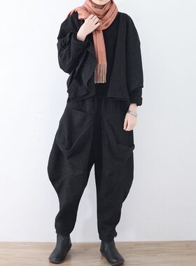 解 逐尔 文艺范23冬季女士呢子套装设计感短外套+不规则休闲裤爱