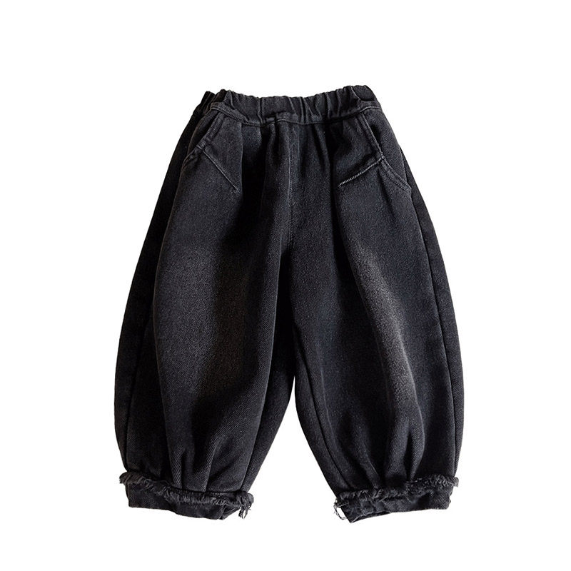 巨百搭!儿童冬季黑o色束口加绒牛仔裤帅气男童哈伦裤加厚秋冬裤子