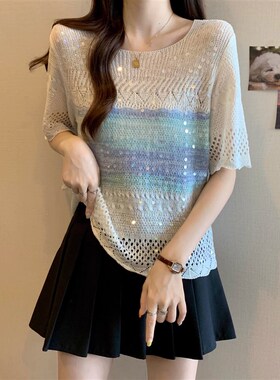 韩版条纹钩花镂空针织衫亮闪闪短袖女士2024夏季时尚胖mm亮片上衣