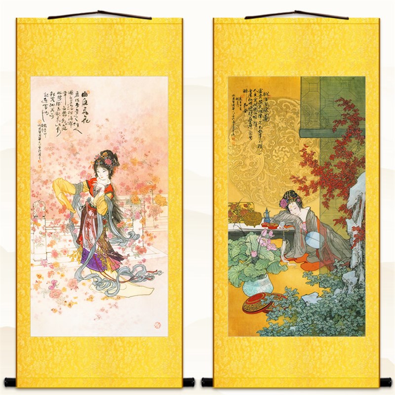 琳宫风暖图 曲庭飞花美女醉酒图 复古人物卷轴挂画绢布丝绸装饰画