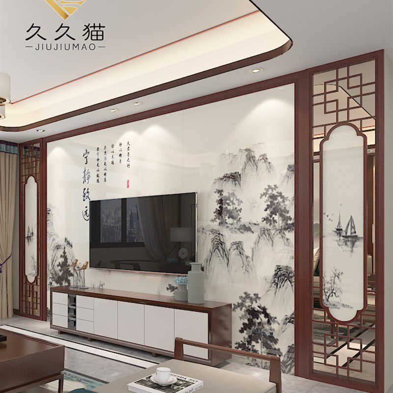 中式电视背景墙瓷砖沙比利实木花格边框背景墙石纹水墨画宁静致远