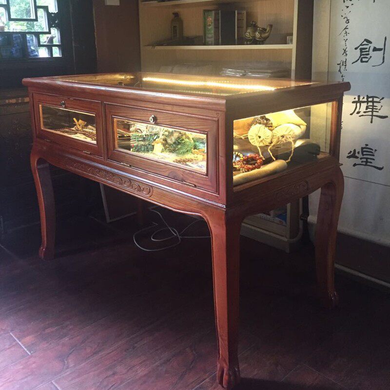 珠宝玉器展示柜中式实木仿古榆木饰品柜台古文玩首饰手串陈列柜