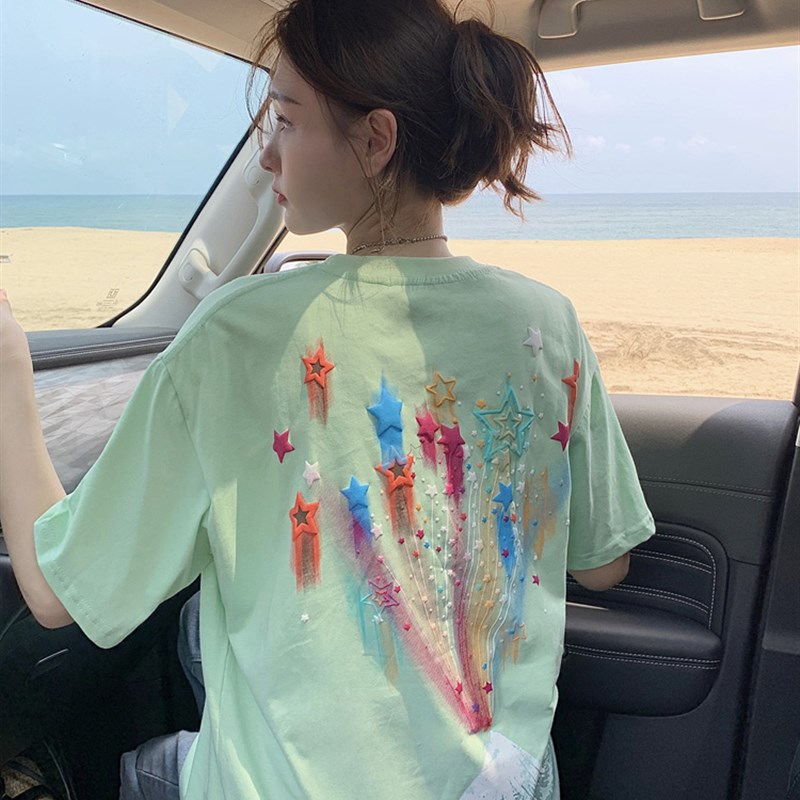 潮牌时尚减龄卡通印花圆领短袖T恤女2023夏季新款宽松中长款上衣