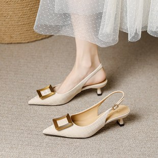 配裙子单鞋 女春夏款 不累脚 米白色小跟细跟3cm尖头高跟凉鞋 法式